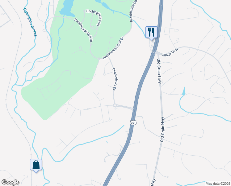 map of restaurants, bars, coffee shops, grocery stores, and more near 3804 Chancelsors Drive in Upper Marlboro