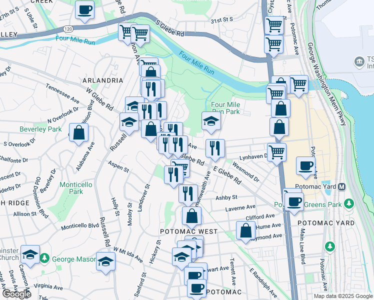 map of restaurants, bars, coffee shops, grocery stores, and more near 107 West Glebe Road in Alexandria