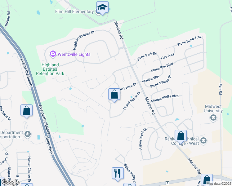 map of restaurants, bars, coffee shops, grocery stores, and more near 522 White Fence Drive in Wentzville