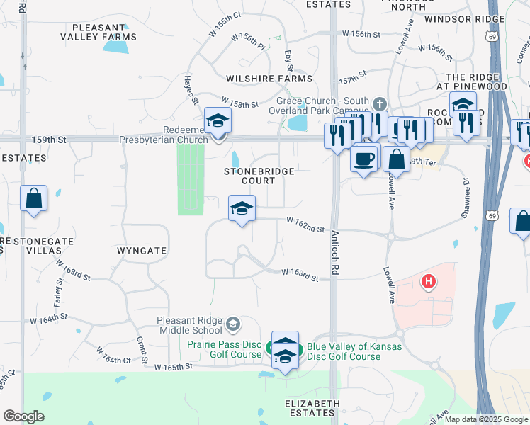 map of restaurants, bars, coffee shops, grocery stores, and more near 9101 West 161st Street in Overland Park