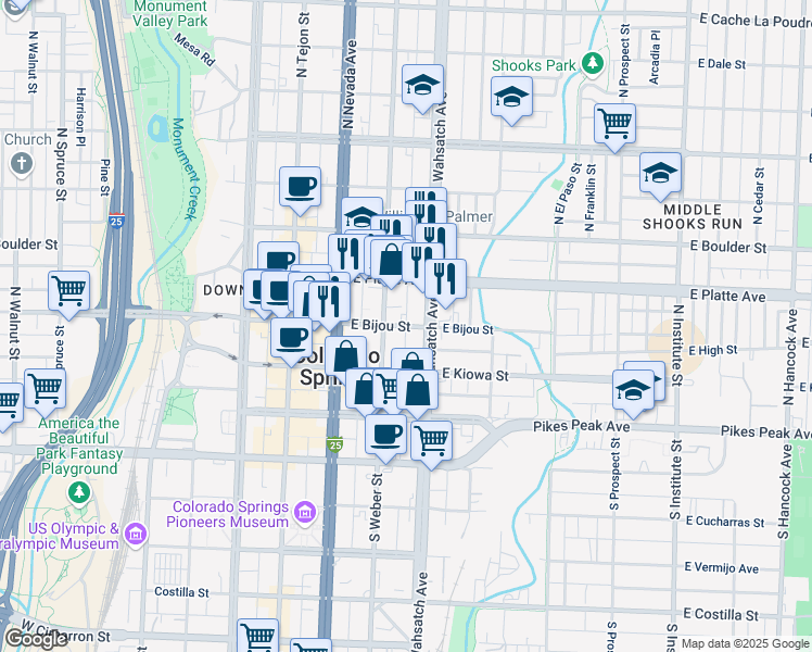 map of restaurants, bars, coffee shops, grocery stores, and more near E Bijou St & Bijou Ct in Colorado Springs