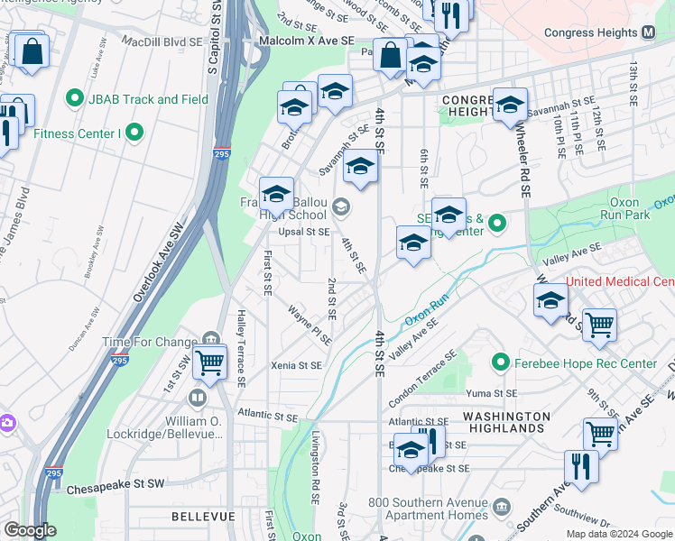 map of restaurants, bars, coffee shops, grocery stores, and more near 3708 2nd Street Southeast in Washington