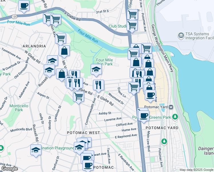 map of restaurants, bars, coffee shops, grocery stores, and more near 17 East Reed Avenue in Alexandria