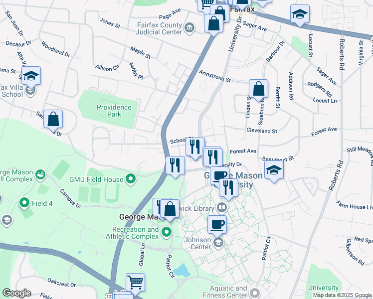 map of restaurants, bars, coffee shops, grocery stores, and more near 4350 High Oak Lane in Fairfax