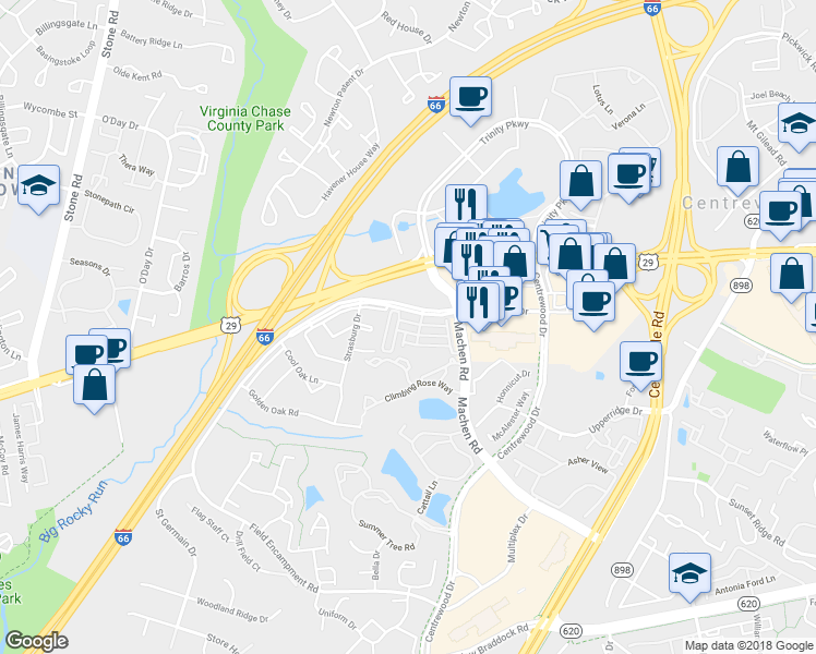 map of restaurants, bars, coffee shops, grocery stores, and more near 14282 Woven Willow Lane in Centreville