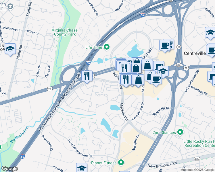 map of restaurants, bars, coffee shops, grocery stores, and more near 14282A Woven Willow Lane in Centreville