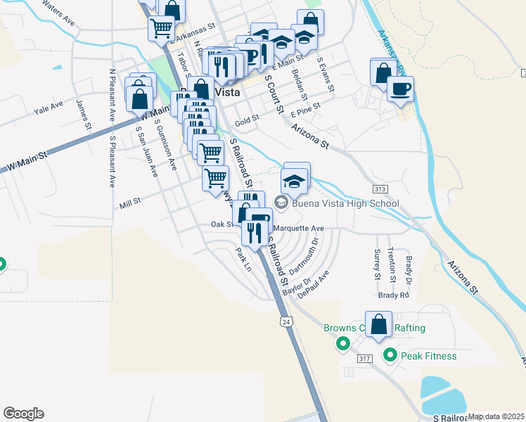 map of restaurants, bars, coffee shops, grocery stores, and more near 549 South Railroad Street in Buena Vista