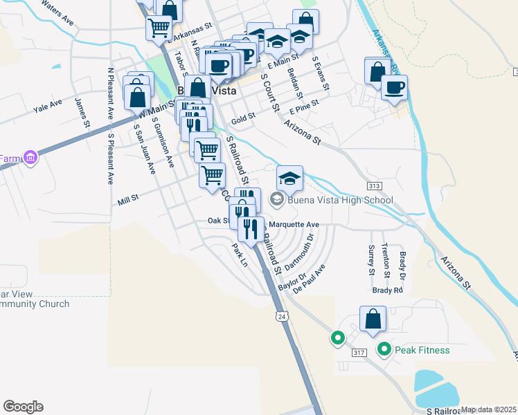 map of restaurants, bars, coffee shops, grocery stores, and more near 549 South Railroad Street in Buena Vista