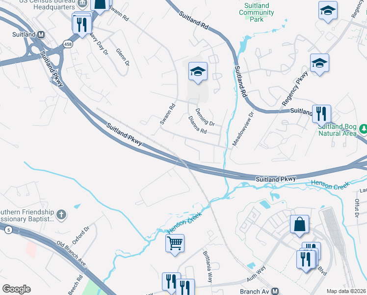 map of restaurants, bars, coffee shops, grocery stores, and more near 3803 Swann Road in Hillcrest Heights