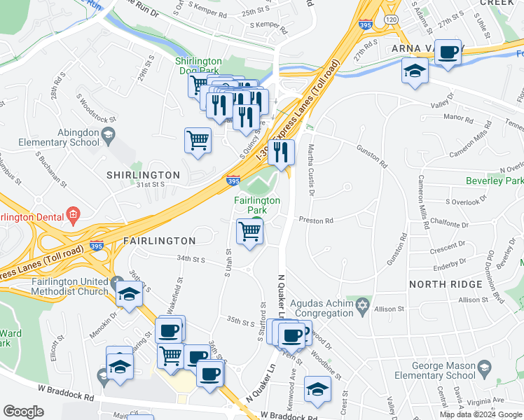 map of restaurants, bars, coffee shops, grocery stores, and more near 4229 32nd Road South in Arlington