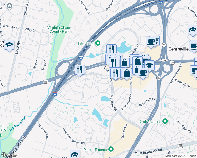 map of restaurants, bars, coffee shops, grocery stores, and more near 14286A Woven Willow Lane in Centreville
