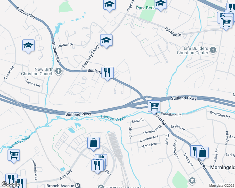 map of restaurants, bars, coffee shops, grocery stores, and more near 5785 Suitland Road in Hillcrest Heights