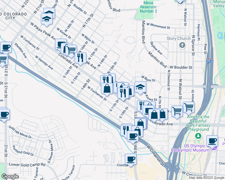 map of restaurants, bars, coffee shops, grocery stores, and more near 1130 Colorado Avenue in Colorado Springs