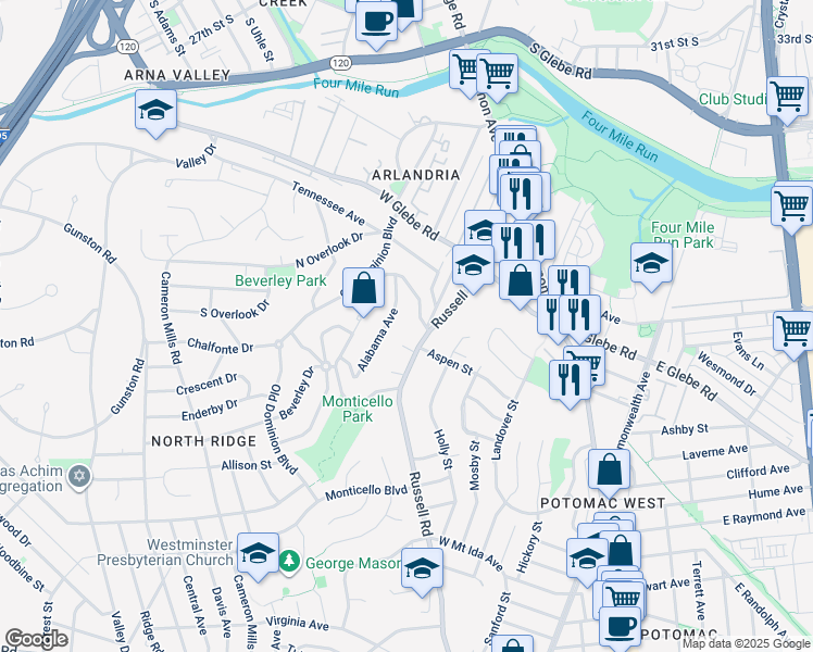 map of restaurants, bars, coffee shops, grocery stores, and more near 3402 Russell Road in Alexandria