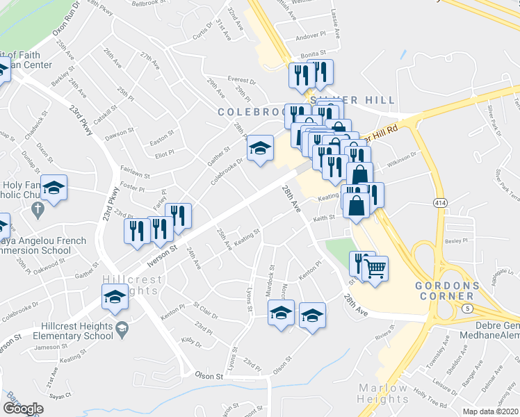 map of restaurants, bars, coffee shops, grocery stores, and more near 2601 Iverson Street in Temple Hills