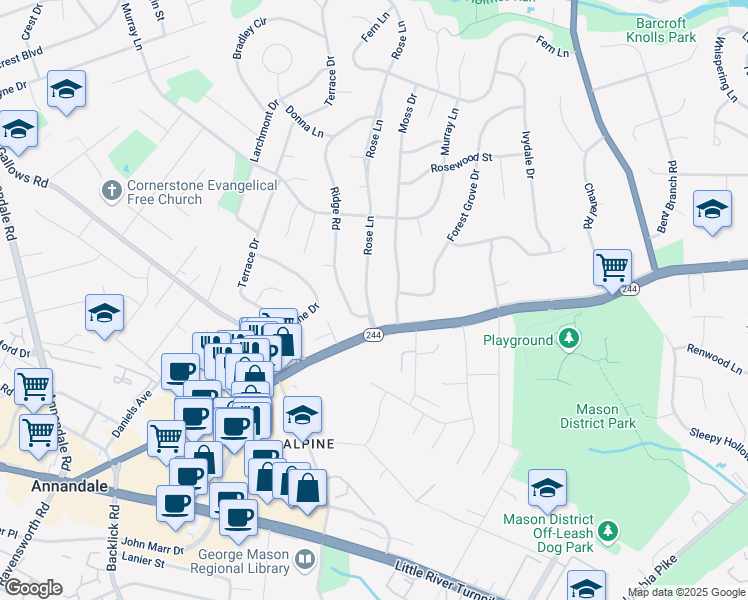 map of restaurants, bars, coffee shops, grocery stores, and more near 4005 Rose Lane in Annandale