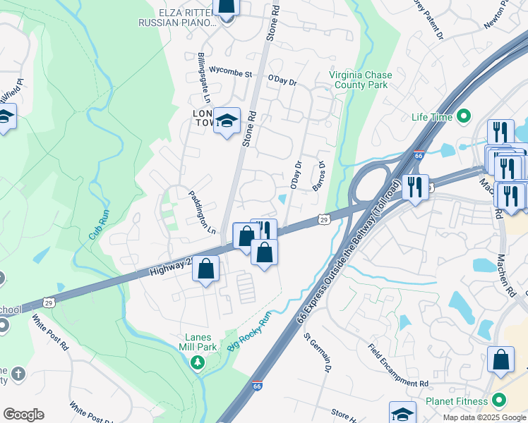 map of restaurants, bars, coffee shops, grocery stores, and more near 6244 Frosty Winter Court in Centreville