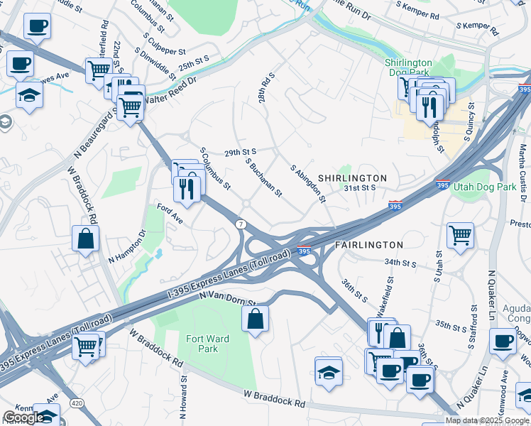 map of restaurants, bars, coffee shops, grocery stores, and more near 3033 South Columbus Street in Arlington