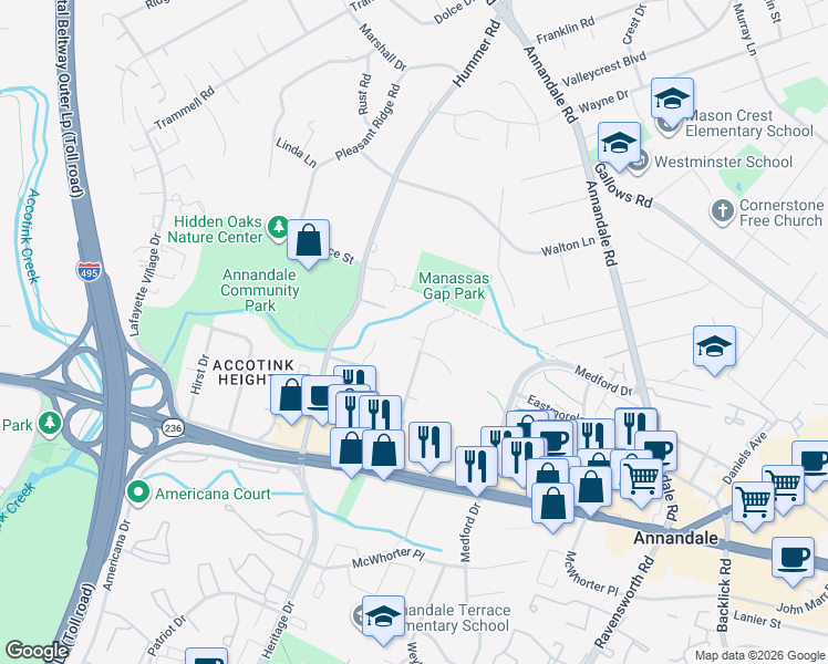 map of restaurants, bars, coffee shops, grocery stores, and more near 4008 Woodland Road in Annandale
