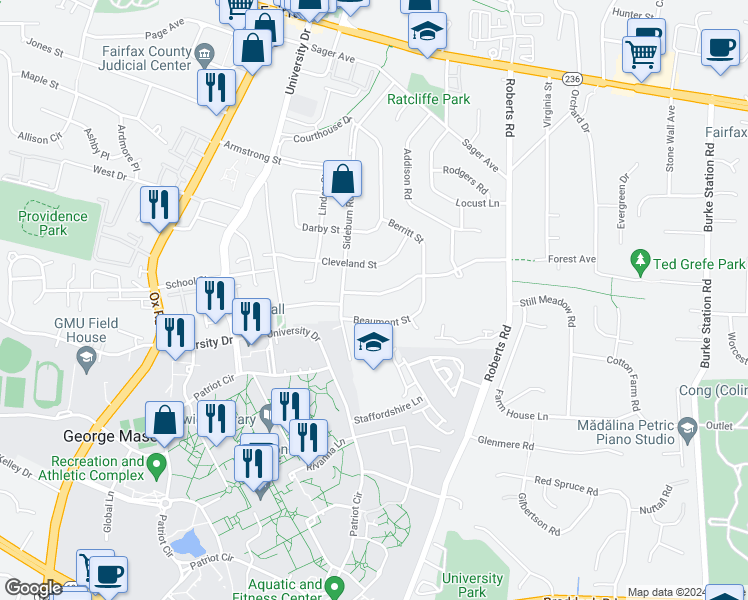 map of restaurants, bars, coffee shops, grocery stores, and more near 10319 Forest Avenue in Fairfax