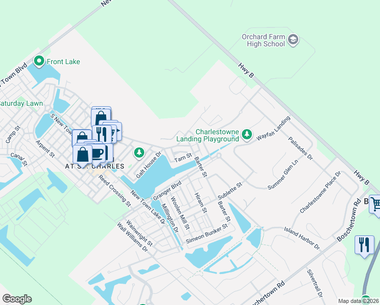 map of restaurants, bars, coffee shops, grocery stores, and more near 3544 Tarn Street in Saint Charles