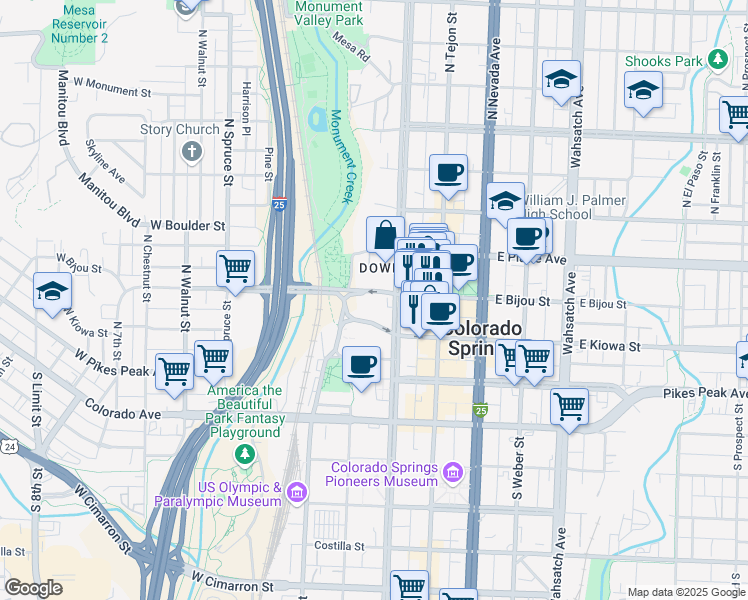 map of restaurants, bars, coffee shops, grocery stores, and more near 15 West Kiowa Street in Colorado Springs