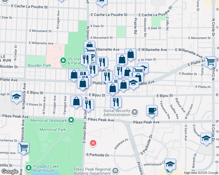 map of restaurants, bars, coffee shops, grocery stores, and more near 211 Swope Avenue in Colorado Springs