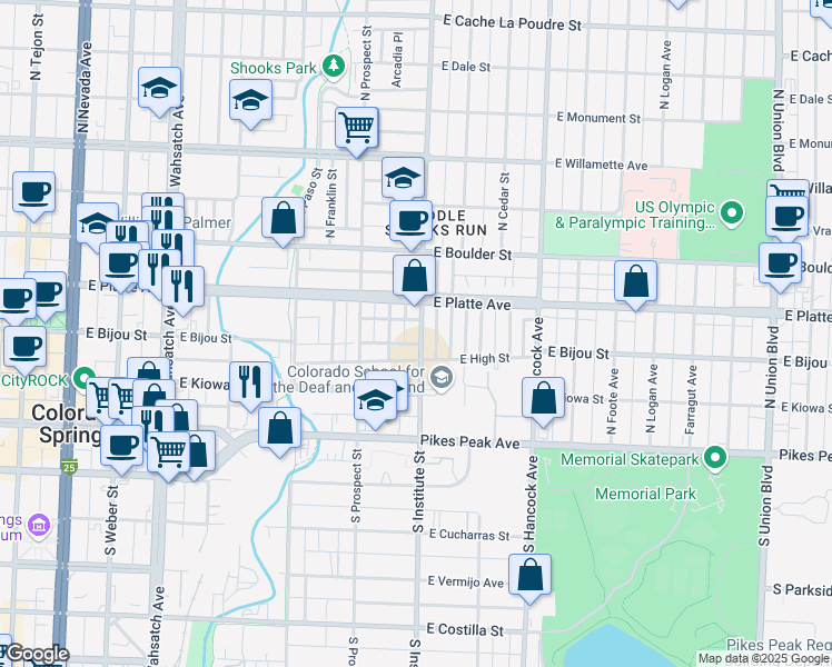 map of restaurants, bars, coffee shops, grocery stores, and more near 219 North Institute Street in Colorado Springs