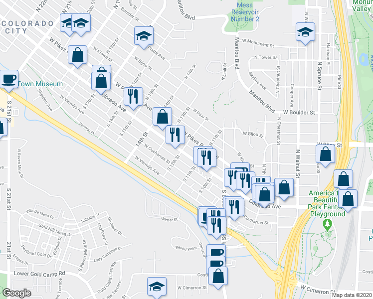 map of restaurants, bars, coffee shops, grocery stores, and more near 1130 Colorado Avenue in Colorado Springs