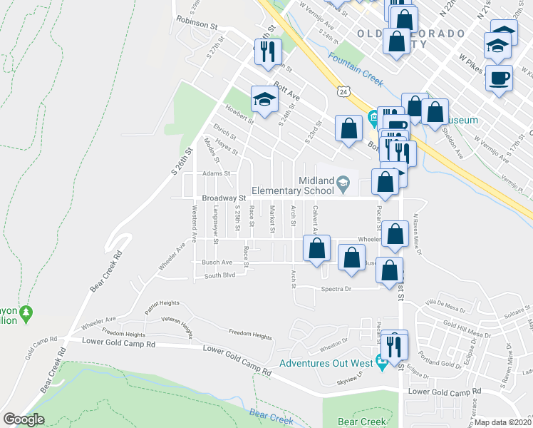 map of restaurants, bars, coffee shops, grocery stores, and more near 1347 Race Street in Colorado Springs