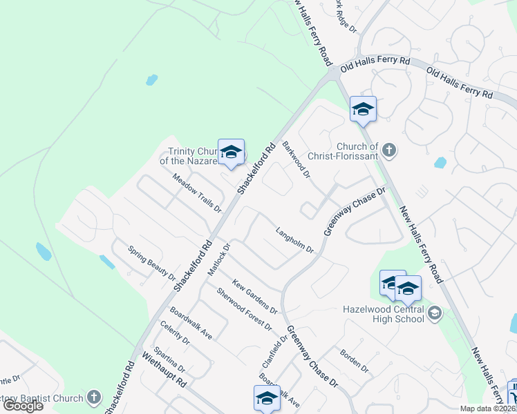 map of restaurants, bars, coffee shops, grocery stores, and more near 1552 Langholm Drive in Florissant