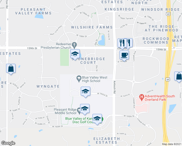 map of restaurants, bars, coffee shops, grocery stores, and more near 9101 West 161st Street in Overland Park