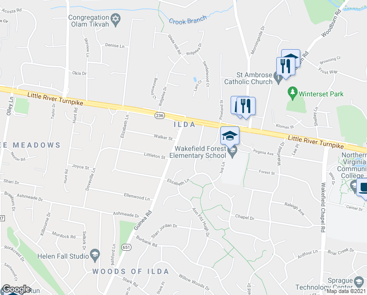 map of restaurants, bars, coffee shops, grocery stores, and more near 4021 Guinea Road in Annandale