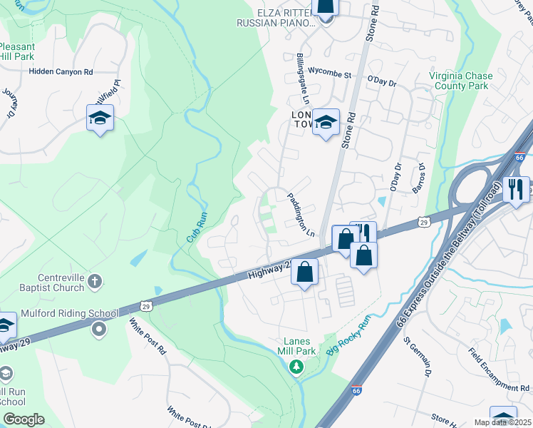 map of restaurants, bars, coffee shops, grocery stores, and more near Hoxton Square in Centreville