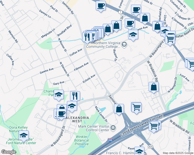 map of restaurants, bars, coffee shops, grocery stores, and more near 5143 Heritage Lane in Alexandria