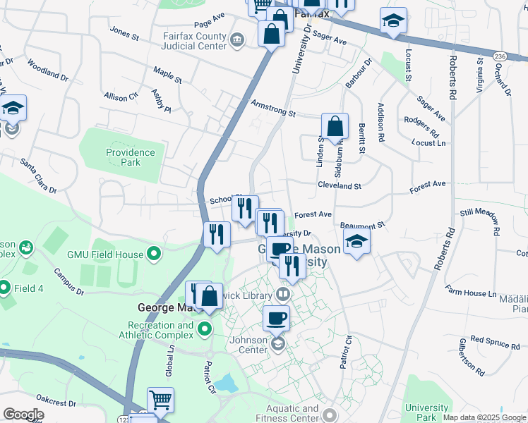 map of restaurants, bars, coffee shops, grocery stores, and more near 4433 Rosenwald Lane in Fairfax