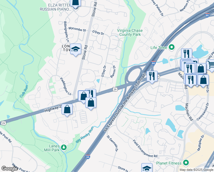map of restaurants, bars, coffee shops, grocery stores, and more near 6181 Derring Street in Centreville