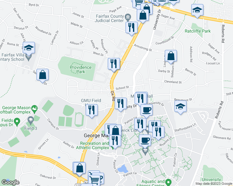map of restaurants, bars, coffee shops, grocery stores, and more near 10599 Mason Park Court in Fairfax