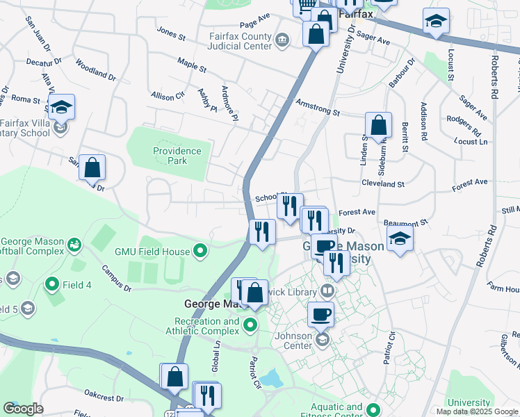 map of restaurants, bars, coffee shops, grocery stores, and more near 10595 Mason Park Court in Fairfax