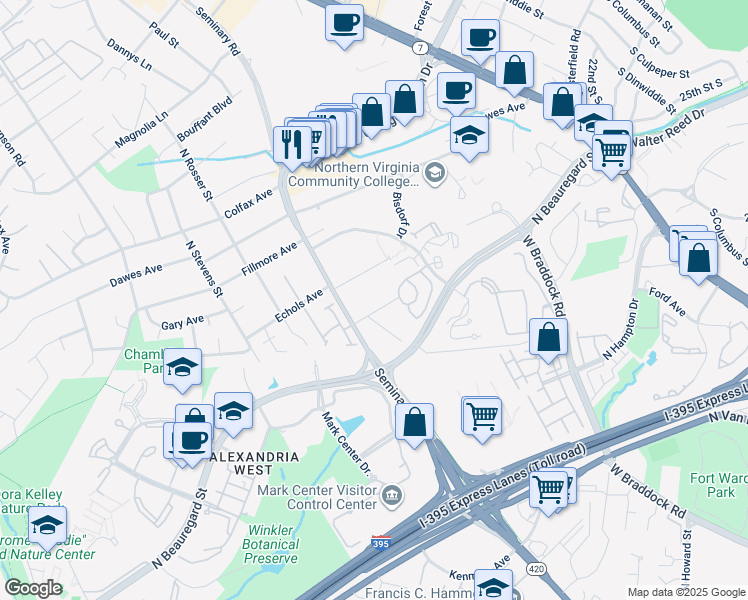 map of restaurants, bars, coffee shops, grocery stores, and more near 5121 Fairbanks Avenue in Alexandria