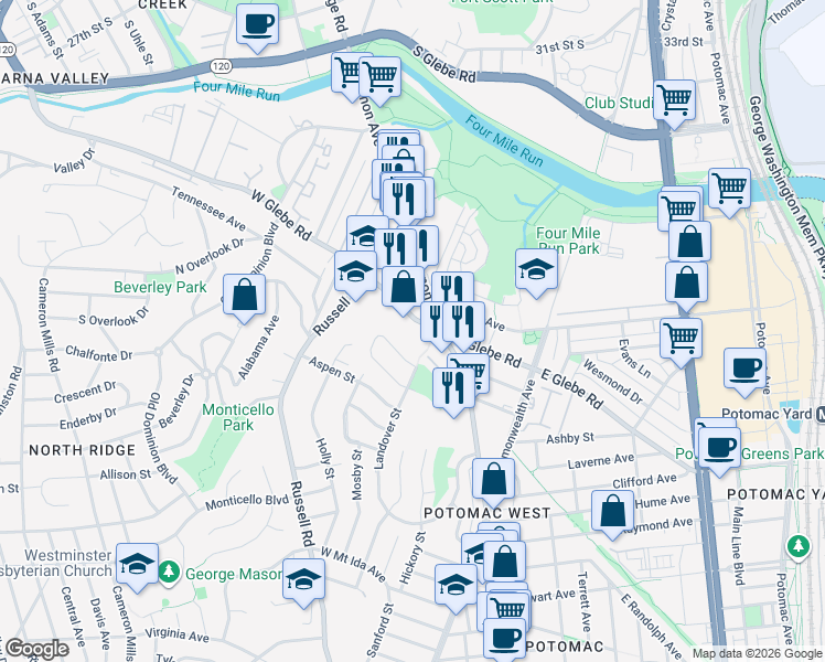 map of restaurants, bars, coffee shops, grocery stores, and more near 206 West Glebe Road in Alexandria