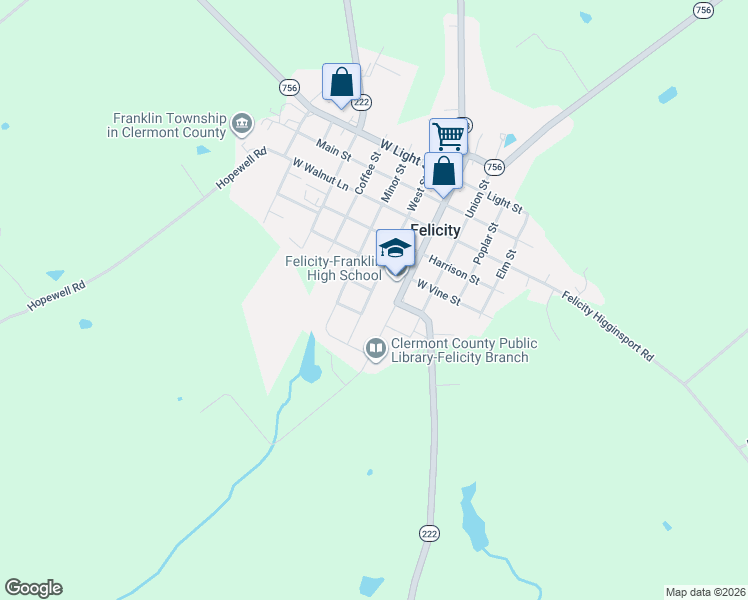 map of restaurants, bars, coffee shops, grocery stores, and more near 194 Washington Street in Felicity