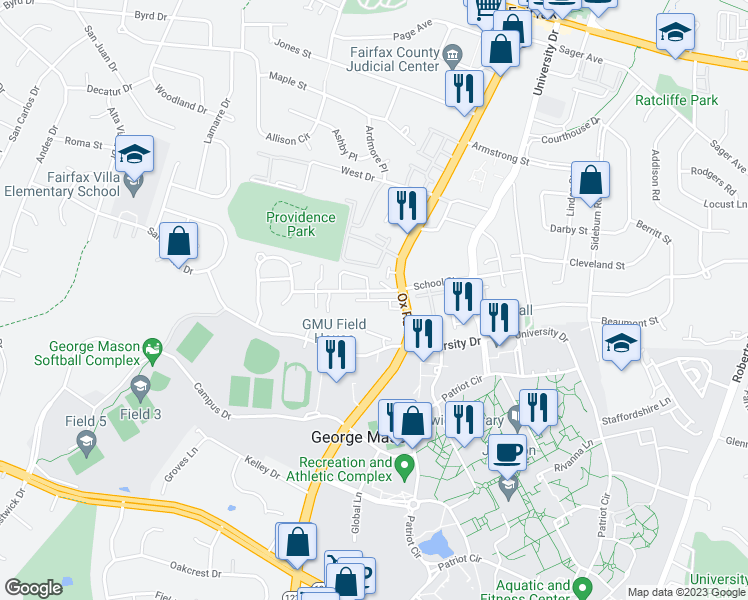 map of restaurants, bars, coffee shops, grocery stores, and more near Legacy Lane in Fairfax