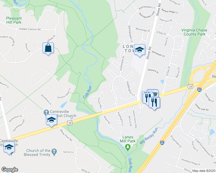 map of restaurants, bars, coffee shops, grocery stores, and more near 6272 Paddington Lane in Centreville