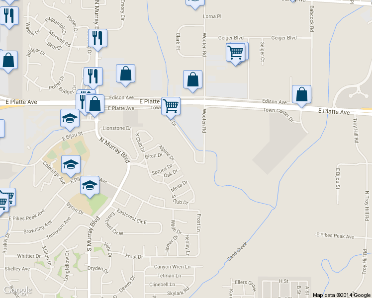 map of restaurants, bars, coffee shops, grocery stores, and more near 4725 Town Center Drive in Colorado Springs