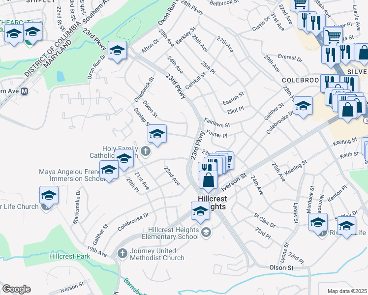 map of restaurants, bars, coffee shops, grocery stores, and more near 3915 23rd Parkway in Hillcrest Heights