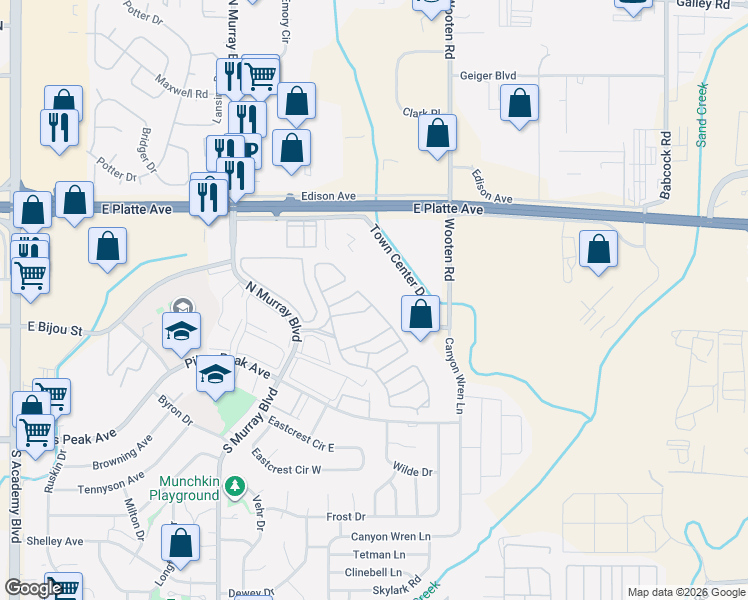 map of restaurants, bars, coffee shops, grocery stores, and more near Alpine Dr in Colorado Springs