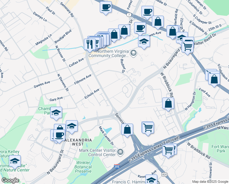 map of restaurants, bars, coffee shops, grocery stores, and more near 5121 Fairbanks Avenue in Alexandria