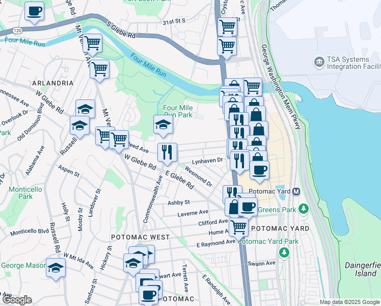 map of restaurants, bars, coffee shops, grocery stores, and more near 35 East Reed Avenue in Alexandria