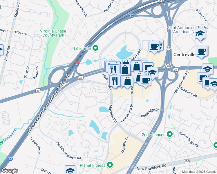 map of restaurants, bars, coffee shops, grocery stores, and more near 6016 Machen Road in Centreville